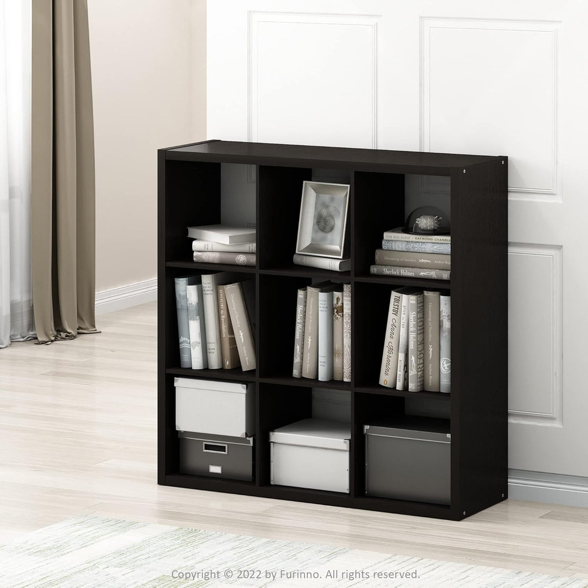 Furinno Cubicle Open Back Decorative Cube Storage Organizer, 9-Cube, Black Dark Oak