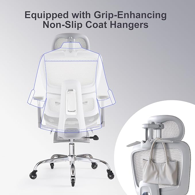 Office Chair with Footrest, Ergonomic Chair with Neck Pillow & Rubber Wheels, Computer Chair with Adjustable Backrest & 3D Armrests Headrest, Gaming Chair Adaptive Lumbar Support, Grey