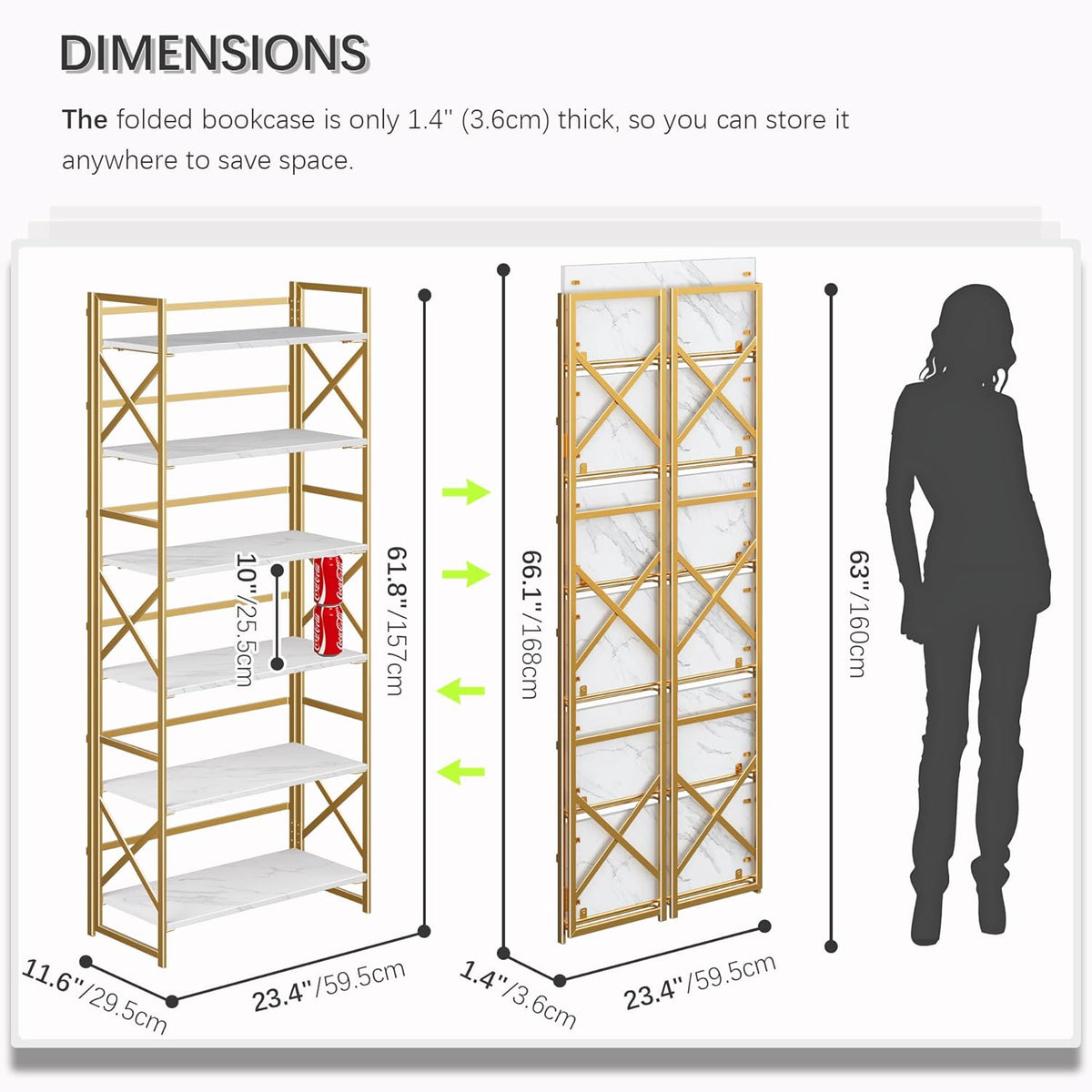 4NM 6 Tiers No Assembly Book Shelves, 61.8" H Folding Bookshelf Bookcase Open Industrial Foldable Shelves for Bedroom, Living Room, Home Office - White Gold