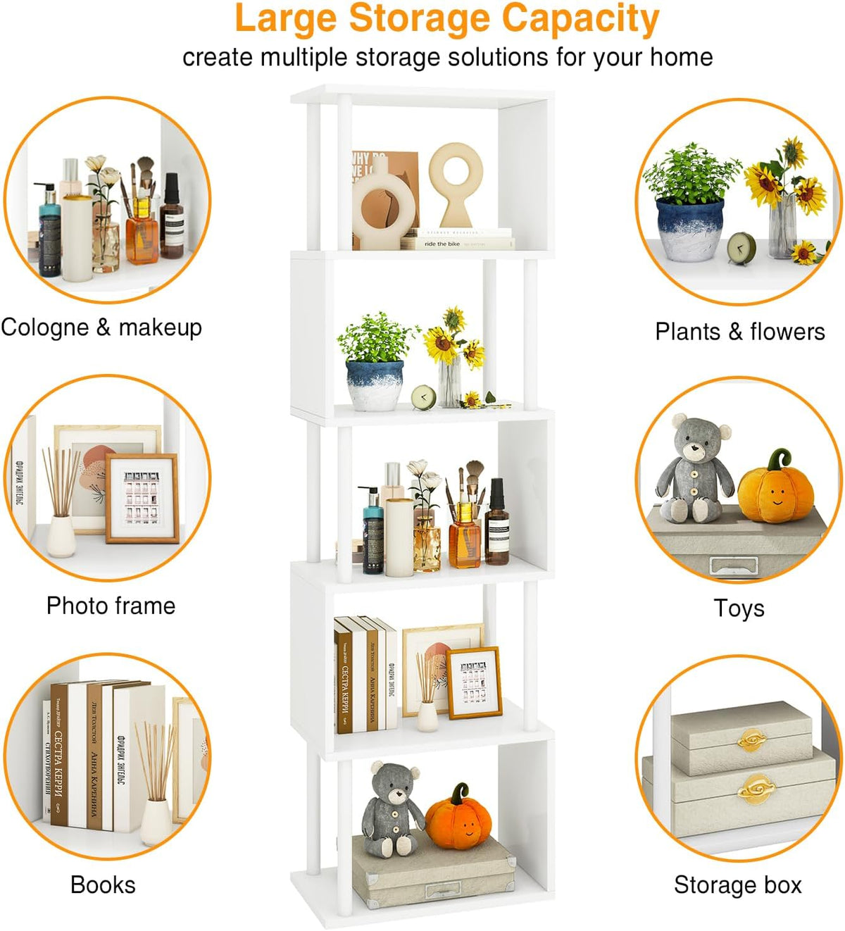 IBUYKE 6-Tier Tall Bookshelf,S-Shaped Geometric Bookcase, Wood Display Shelves with Storage,Modern Bookshelf for Living Room Bedroom, Home Office, White WBC016W