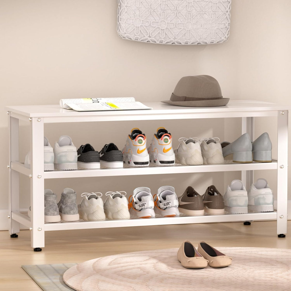 Apicizon White Shoe Rack, 35.5 Inches 3-Tier Shoe Rack for Entryway with Long Seat and Metal Shelves for Garage, Entryway Bench for Hallway Front Door, Mudroom, Doorway, Living Room, Bedroom