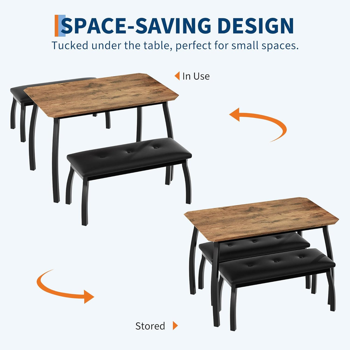 3 Piece Farmhouse Dining Table Set for 4, Compact Rustic Kitchen Table with 2 Padded Benches, Space Saving Breakfast Nook Furniture Set for Small Spaces, Apartments, Vintage