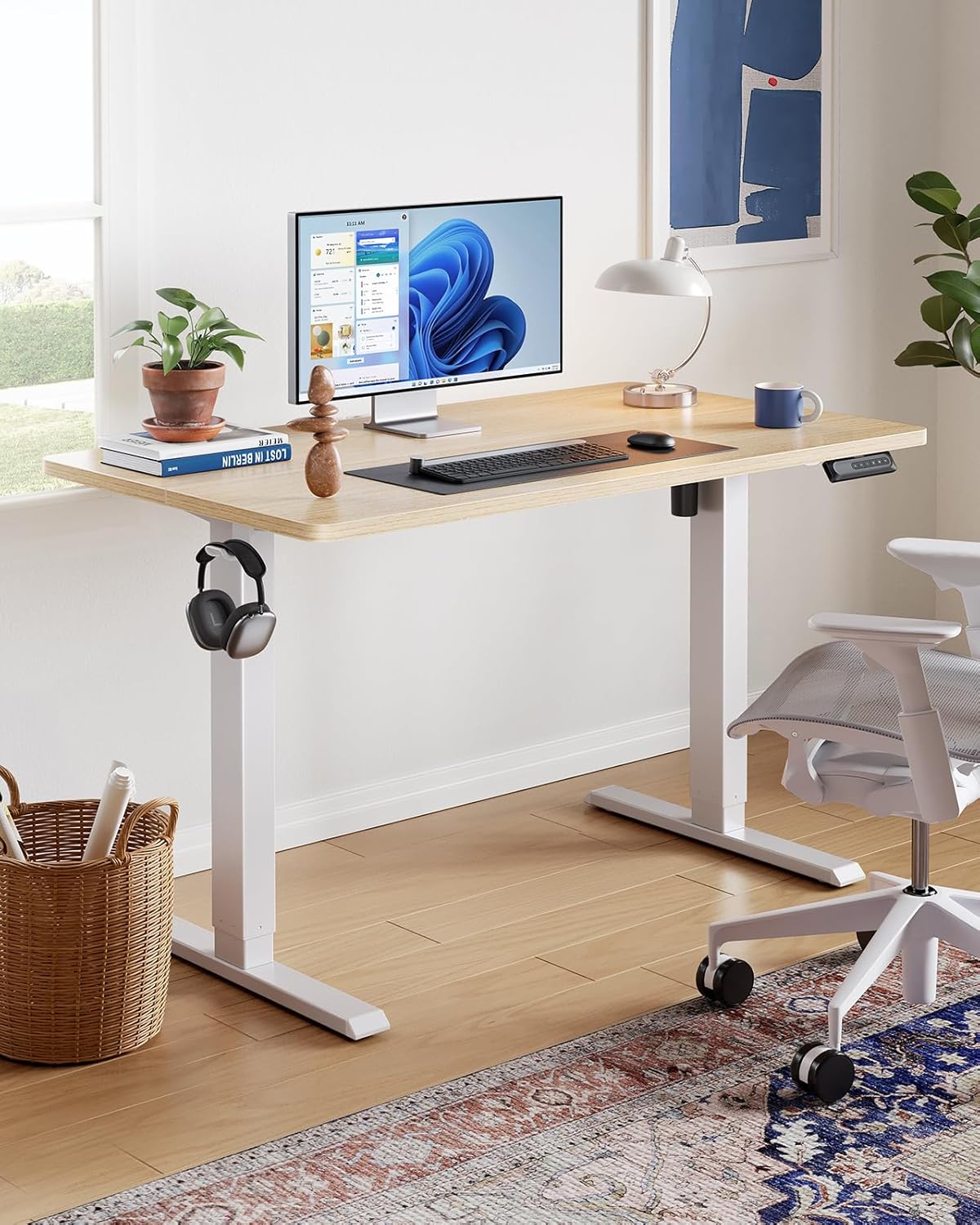 HUANUO 55" x 28" Electric Standing Desk Adjustable Height, 4 Memory Height Settings, Headphone Hook, Cable Manager, Sit Stand Up Desk for Home Office & Computer Workstation, Nature