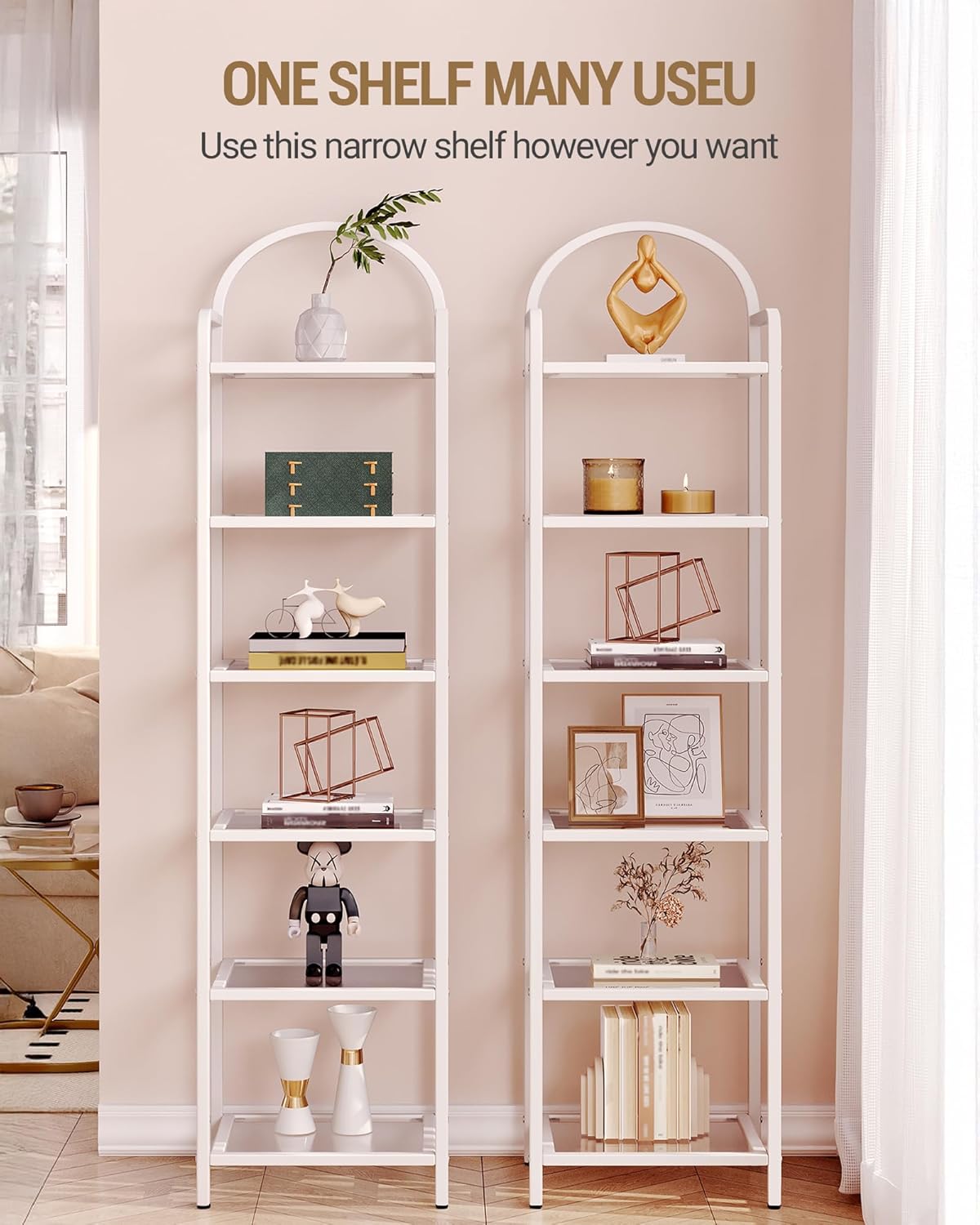 Bookcase Bookshelf, Tempered Glass Bookshelves, Slim Shelving Unit for Bedroom, Bathroom, Home Office, Steel Frame, 6 Tier White BC10699W