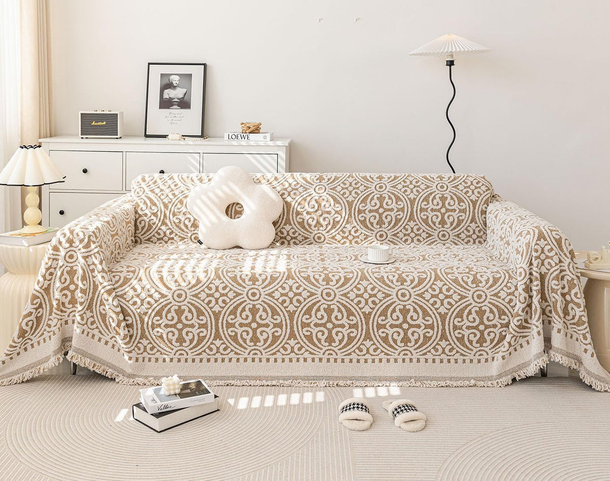 STACYPIK Khaki French Jacquard Couch Covers Thickened Boho L Shape Sofa Covers Soft Pets Protector for 3 Cushion Couch Washable Dogs Cats Couch Protector Cover Non Slip Throw Blanket-71X134IN