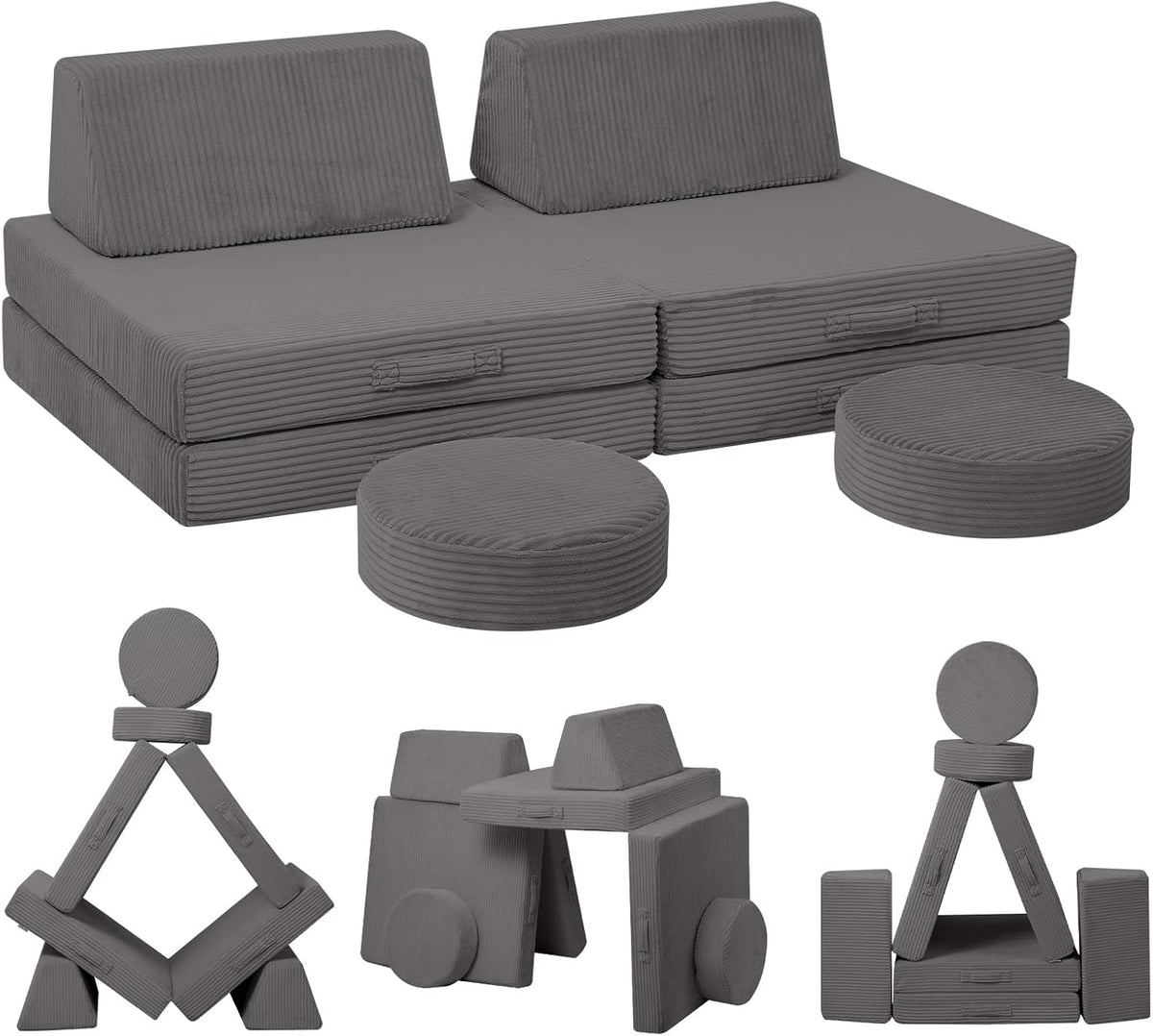 MeMoreCool Kids Couch for Playroom, Corduroy Convertible Toddler Couch, 8 Piece Modular Play Sofa, Foam Fort Building Set for Child Room Furniture, Dark Grey