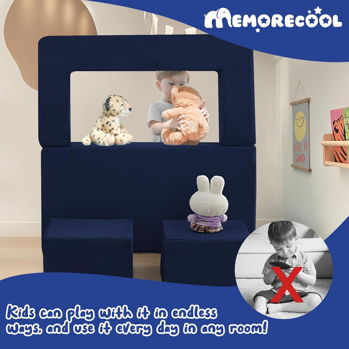 MeMoreCool Convertible Modular Kids Foam Play Couch Sofa – Navy Fold-Out Toddler Couch for Playroom or Bedroom
