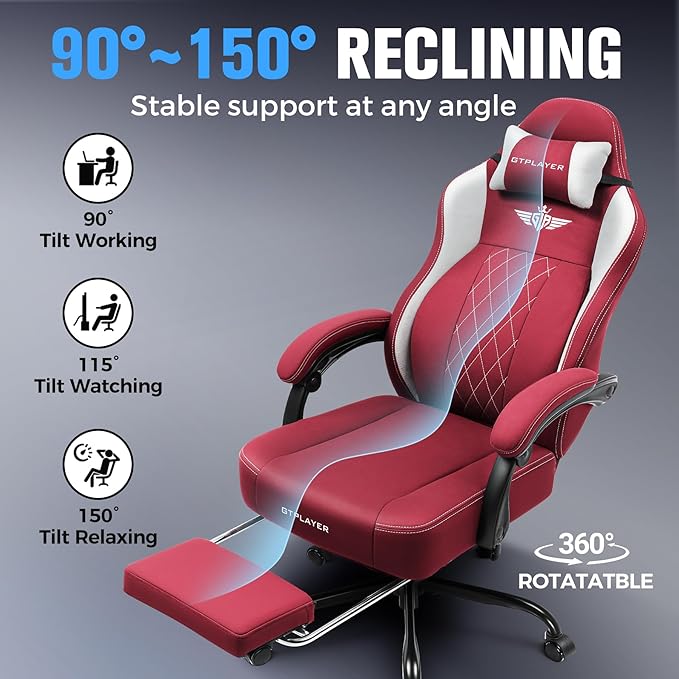GTPLAYER Big and Tall Gaming Chair Breathable Fabric Computer Chair with Strong Lumbar Support, Comfortable Office Chairs with Pocket Spring Cushion, High Back Ergonomic Desk Chairs with Footrest