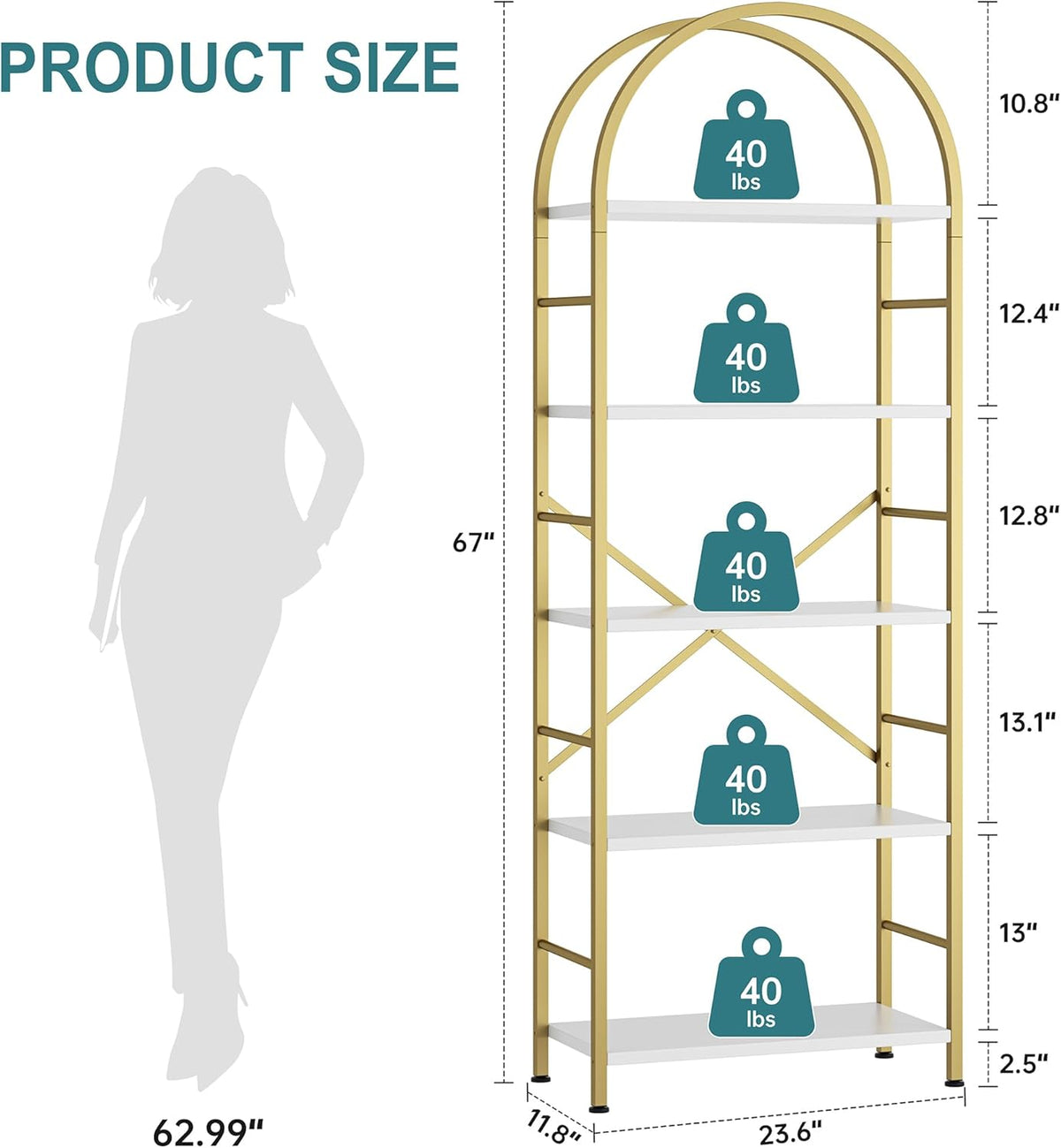 Shintenchi Bookshelf, Arched Bookshelf 5 Tier Bookcase Shelf for CDs/Books, Home Office Bookcase Shelf Storage Organizer, Modern Book Shelf for Bedroom/Living Room, Gold