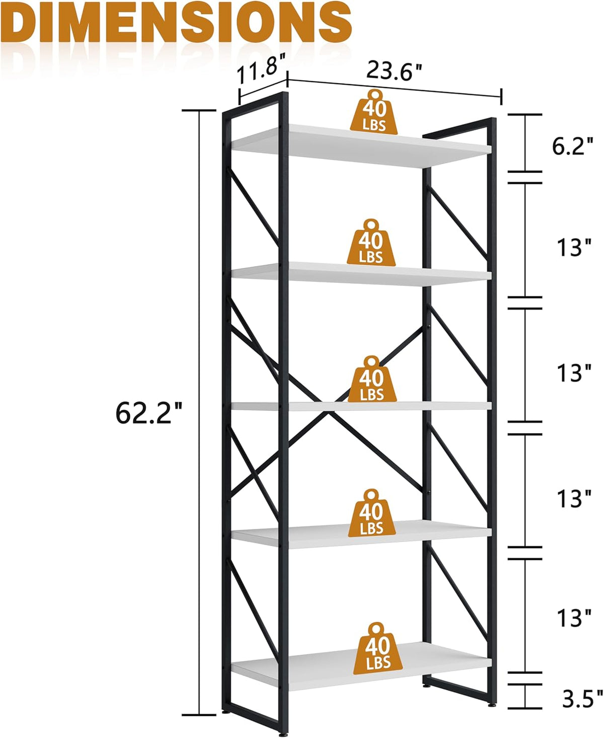 Bookshelf, 5 Tier Bookshelves, Home Office Bookcase Shelf Storage Organizer, Free Standing Storage Shelving Unit for Bedroom, Living Room and Home Office,White