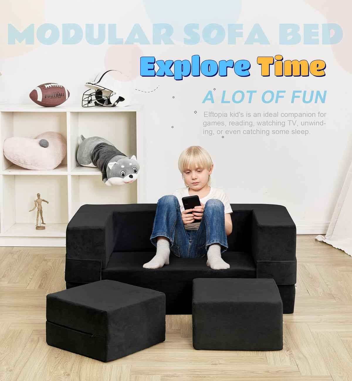 Modular Kids Sofa,Toddler Couch Foam Armchair for Kids, Children Convertible Plush Sofa Play Set,Fold Out SofaBed(Black)