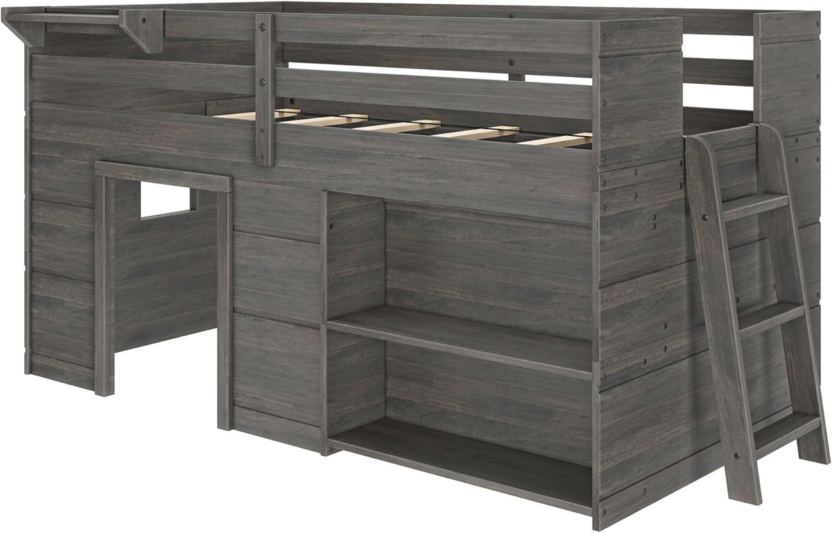 Max & Lily Modern Farmhouse Twin Low Loft Bed with Bookcase - Solid Wood, 15” Guardrails, 400-lb Capacity, Low-VOC Finish, Driftwood