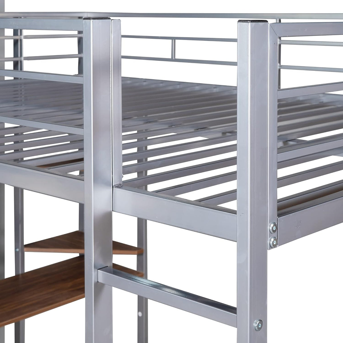 Full Size Metal Loft Bed with 2 Storage Shelves and 1 Desk,Steel Structure Bed Frame W/ 2 Build-in Ladders & Full-Length Guardrails,No Box Spring Needed,for Kids Teens Adults,Silver