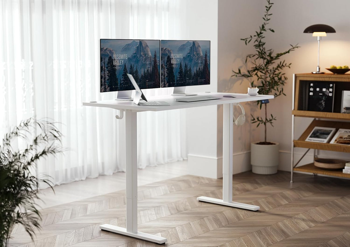 Seang Standing Desk with Adjustable Height, 63x24 Inch Electric Stand Up Desk for Home Office, Studio, Computer Workstation, White Top