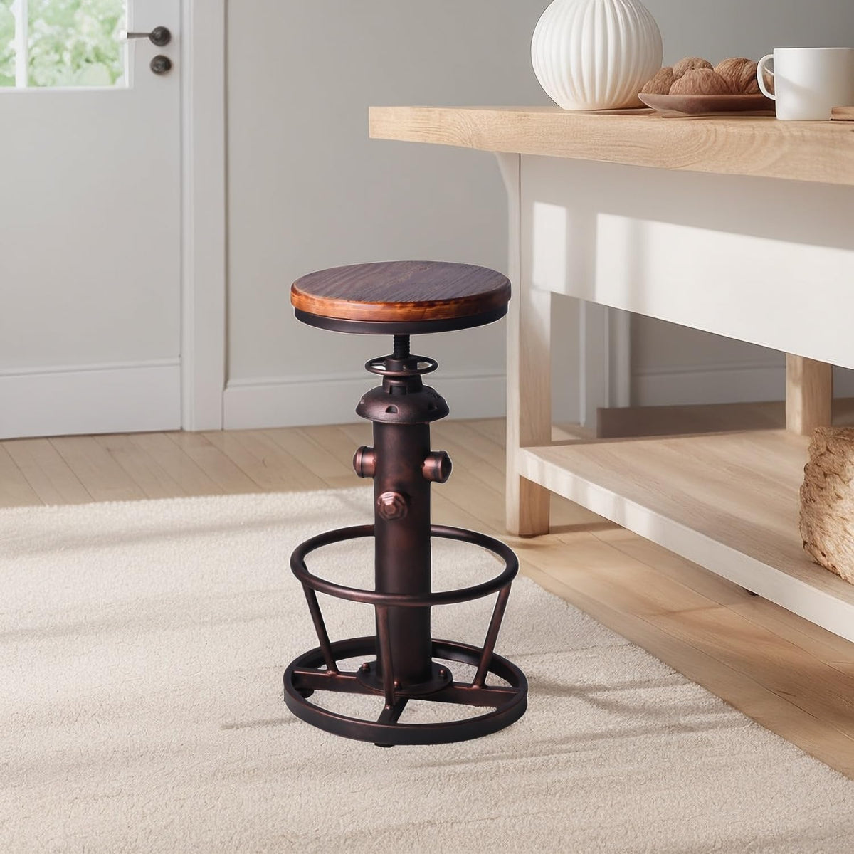 Vintage Swivel Bar Stool Industrial Coffee Kitchen Dining Chair Fire Hydrant Design Height Adjustable 24.8-30.7inch Solid Wooden Seat