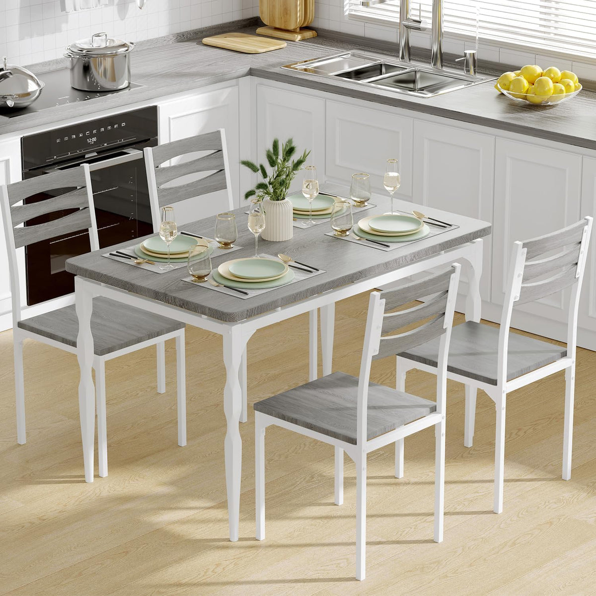 GarveeHome 5 Piece Dining Table Set, Industrial Style Dining Table and Chairs Set for 4, Kitchen Table Set for Dining Room Kitchen Apartment, Grey
