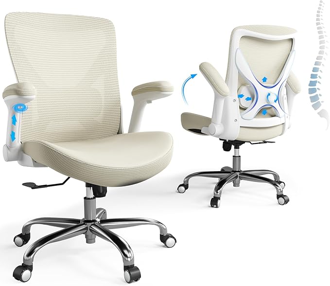 Office Home Ergonomic Desk Chair-Computer X-Shaped Chair Mesh PU Leather with Adjustable Lumbar Support-Executive Chair High Back Flip-Up Arms for Long Hours (Beige-No Headrest)