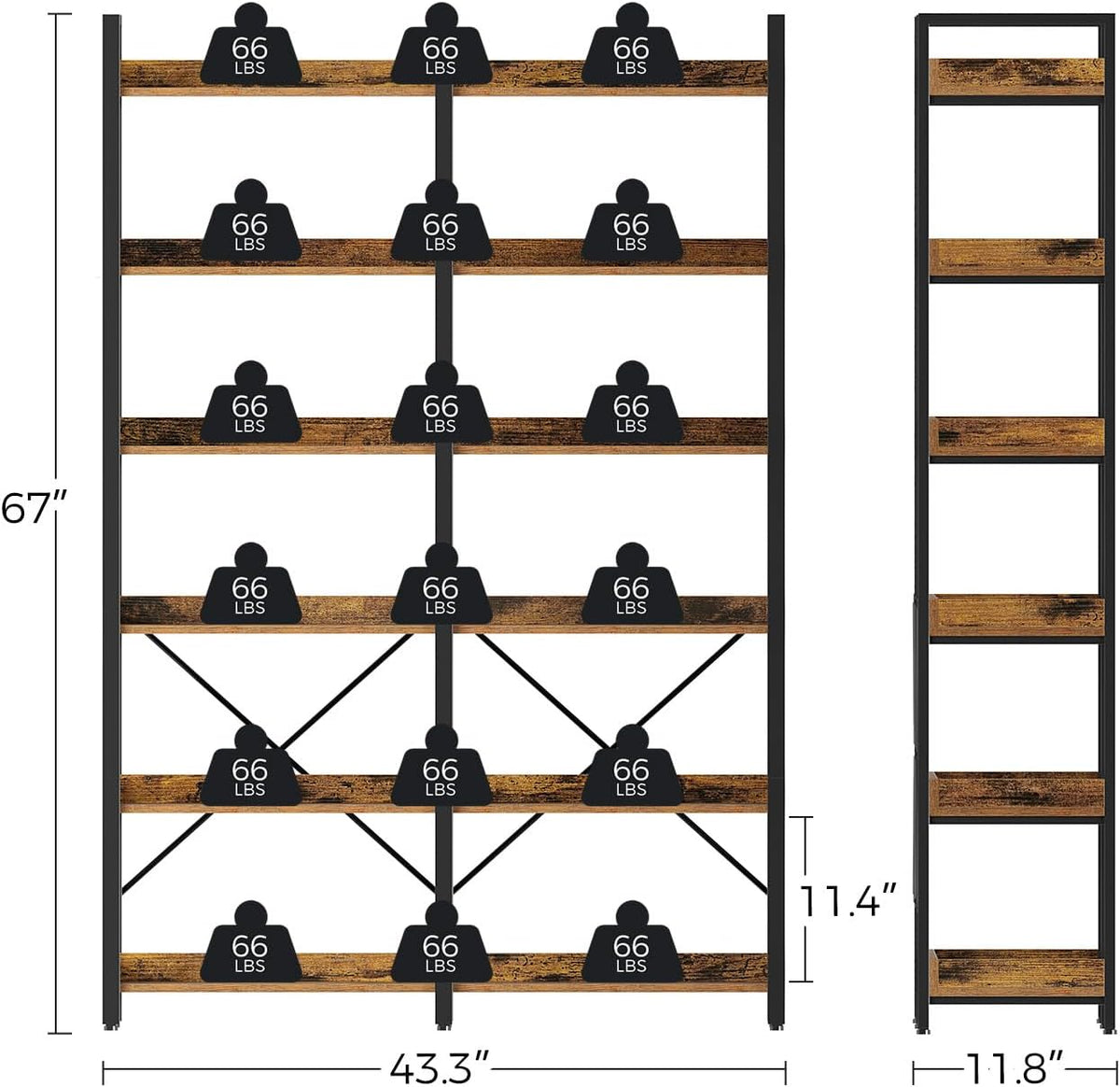 Seventable Bookshelf 6 Tier with 4 Hooks, 67” Industrial Wooden Bookcase, Vintage Storage Rack with Open Shelves, Rustic Standing Bookshelves Metal Frame 43.3” Wide Display Rack, Rustic Brown