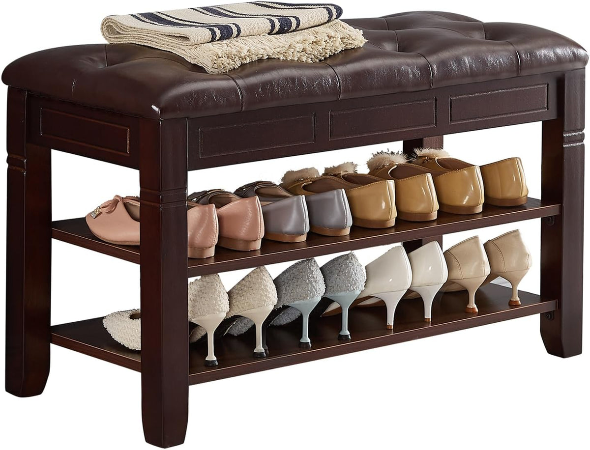 Shoe Storage Bench, Entryway Shoe Rack with Fiberleather Seat 2-Tier Lift Top Organizer Wooden Shoe Bench for Entryway Hallway Living Room (Dark Brown 31.5x13.8x18.9'')