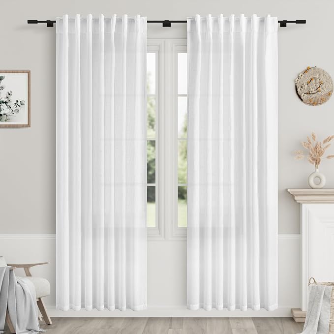 Nanspring White Linen Curtains 83 Inch Length 2 Panels Set