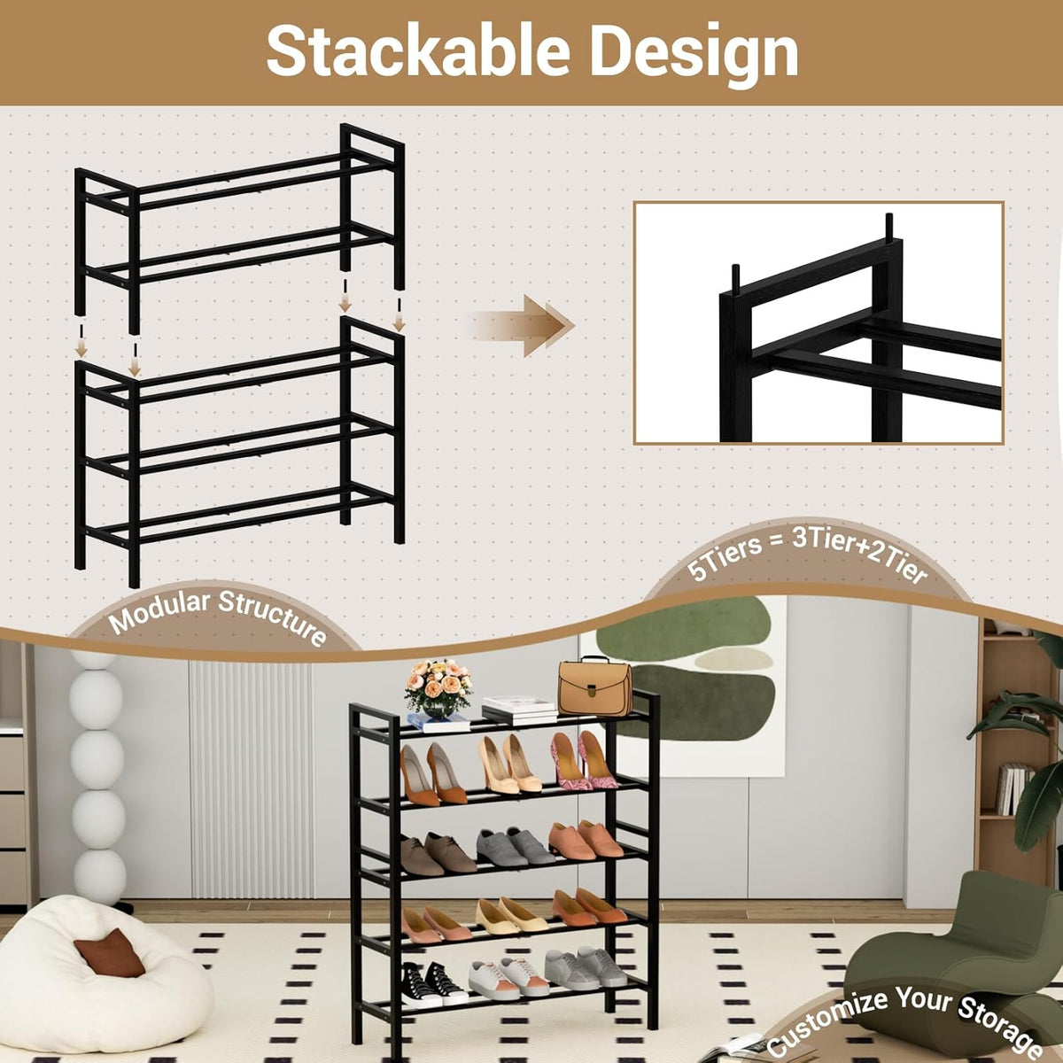 Haddockway Bamboo Shoe Rack for Closet, Free Standing Shoe Organizer with Smooth Round Rods & Convenient Handles, Stackable Shoe Storage Shelf for Entryway, Hallway(Black, 5-Tier)