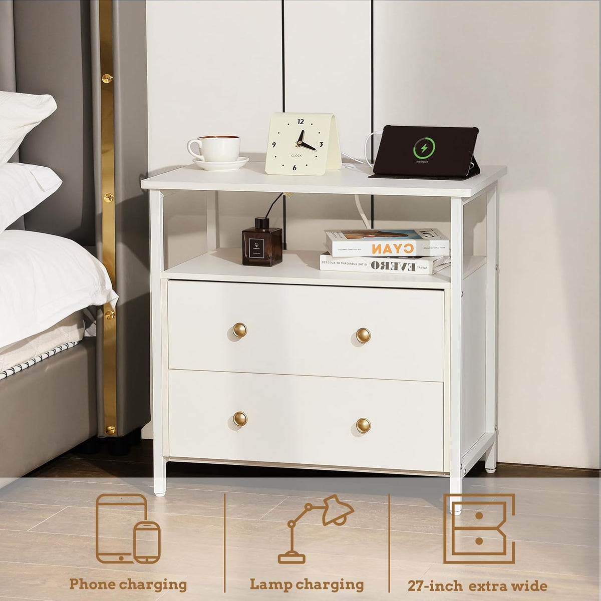 27 inch Wide Nightstand with Charging Station, Bedside Table with Open Shelf, 2 Drawers Small Wood Dresser, End Side Table for Bedroom (2 Pack,White)