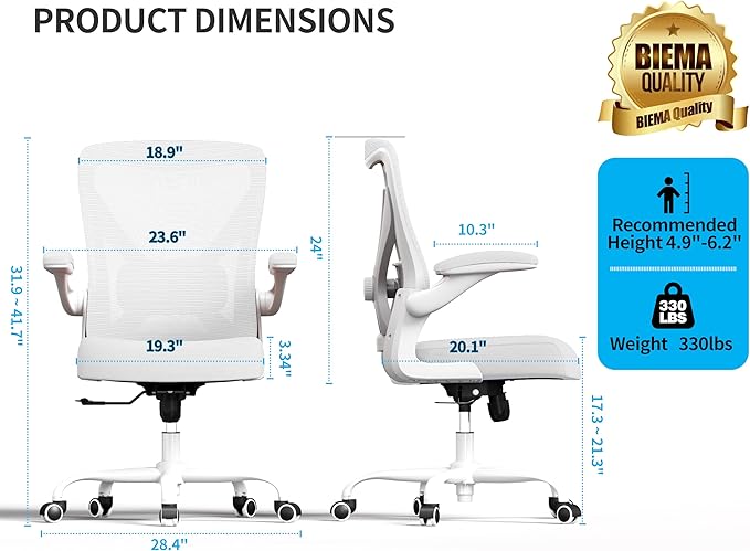 White Office Chair for Big and Tall People - 400lbs Wide Seat Computer Desk Chair Gaming Ergonomic High Back Cushion Lumbar Support with Comfy Mesh Swivel Rolling Home Task Chair