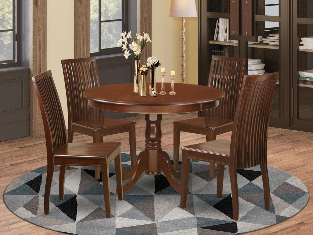 East West Furniture HLIP5-MAH-W 5 Piece Dining Room Table Set Includes a Round Dining Table with Pedestal and 4 Wood Seat Chairs, 42x42 Inch, Mahogany