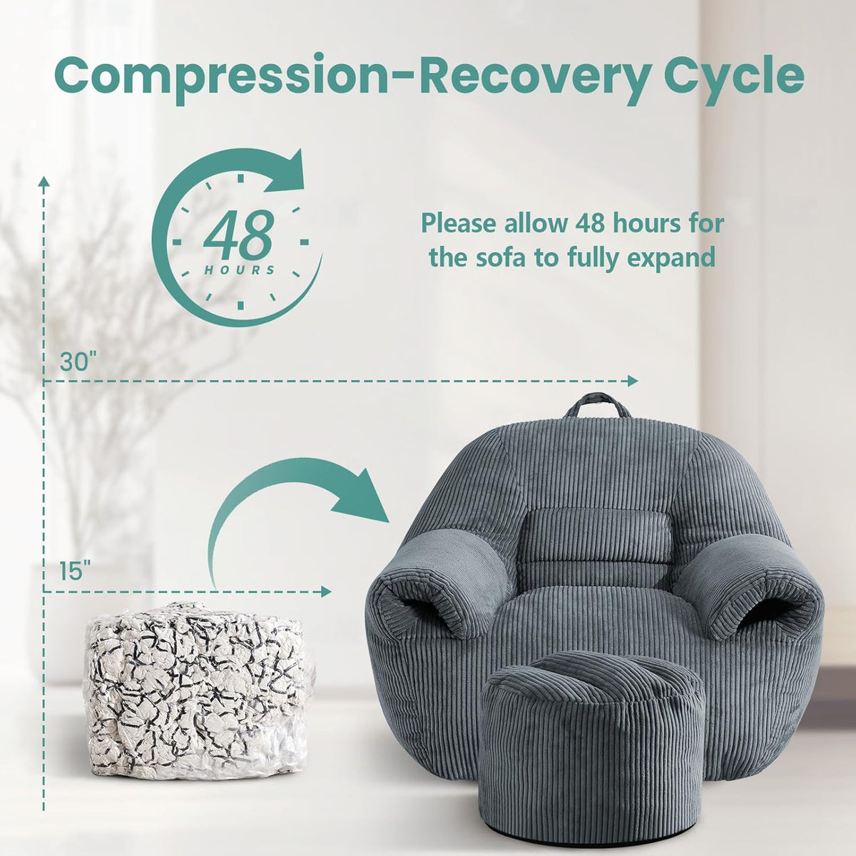 DAICO Bean Bag Chairs for Adults Beanbag Sofa with Ottoman Comfy Accent Chair with Armrests Corduroy Couch with Foam Single Lazy Sofas for Living Room Reading Bedroom Gaming Office Dark Gray