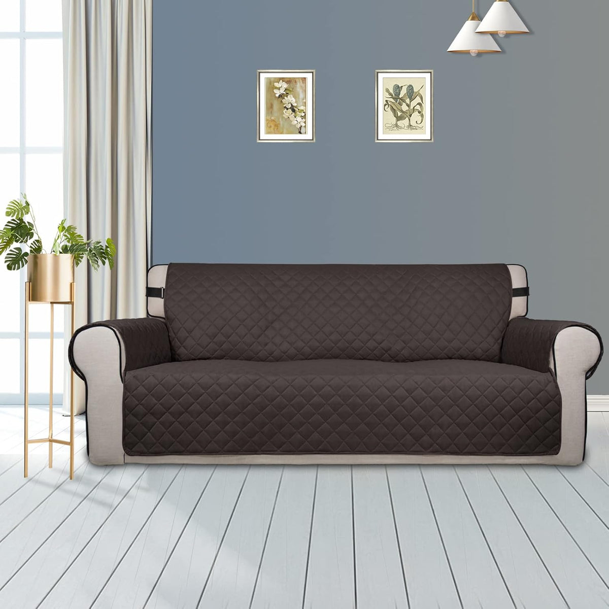 PureFit Reversible Sofa Couch Cover Water Resistant Couch Covers for 3 Cushion, Washable Furniture Cover with Non-Slip Foam and Adjustable Strap for Dogs, Pets (Oversized Sofa, Chocolate/Beige)