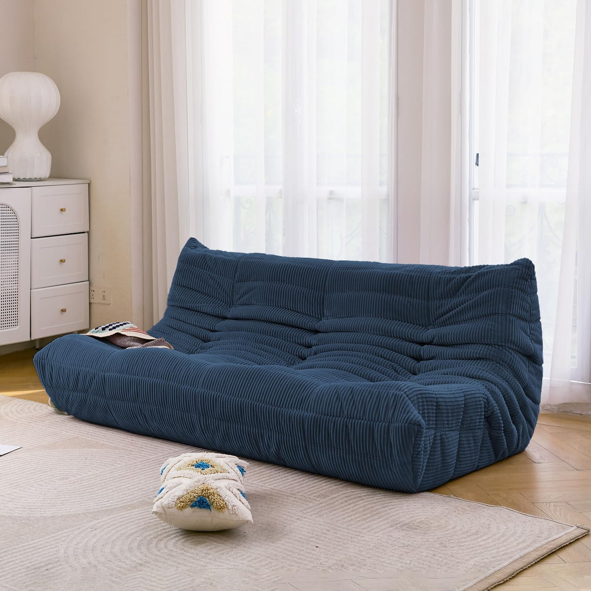 N&V Fireside Three Seater Sofa, Mid Century Armless Twin Size Floor Lounge Chair, Soft Premium Corduroy, Foam Accent Chair for Living Room, Bedroom (Prussia Blue)
