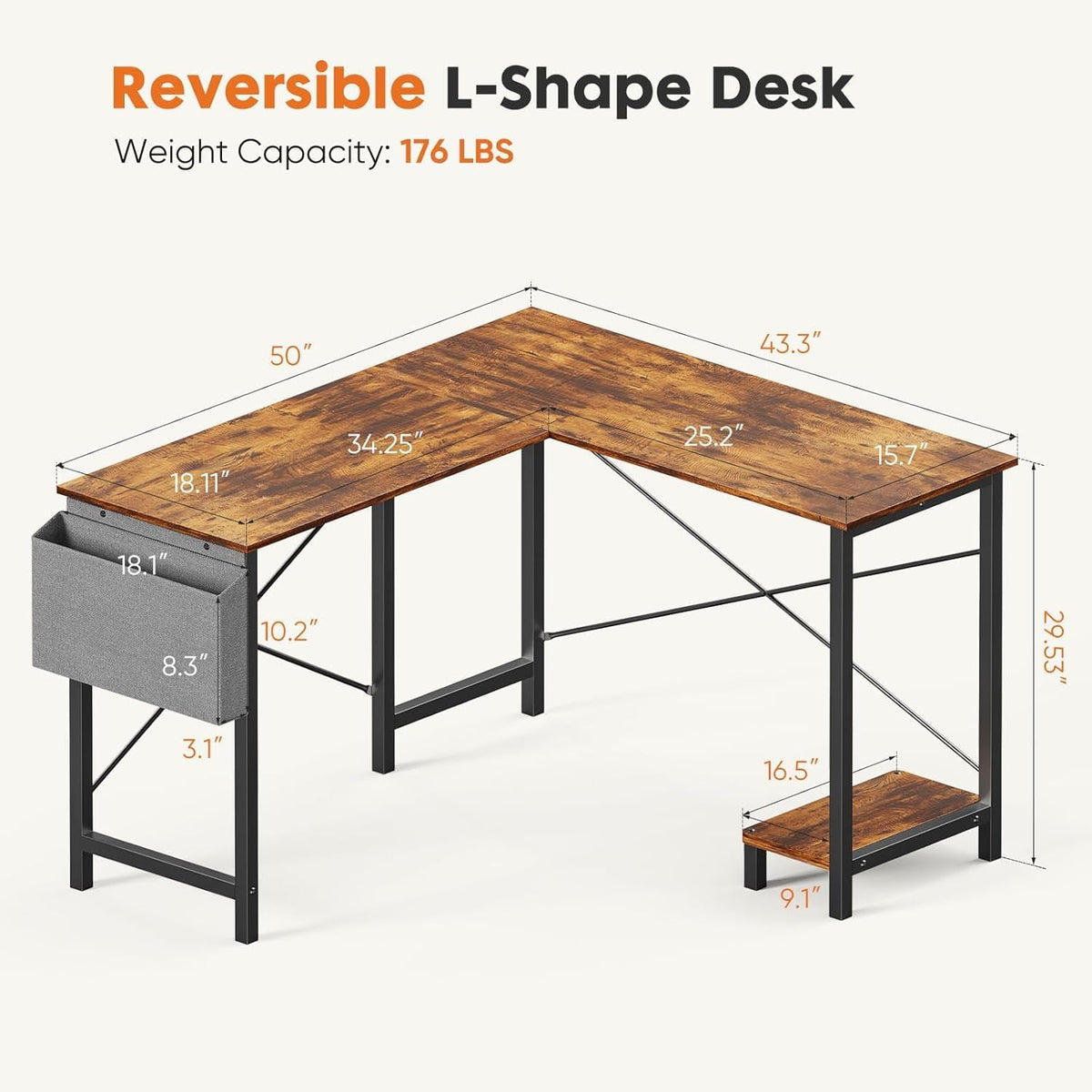 Whitmor L Shaped Gaming Desk - 50 Inch Reversible Corner Computer Desk with Wood Top, Metal Frame, CPU Stand & Side Bag, Home Office Dorm Sturdy Writing Workstation, Brown
