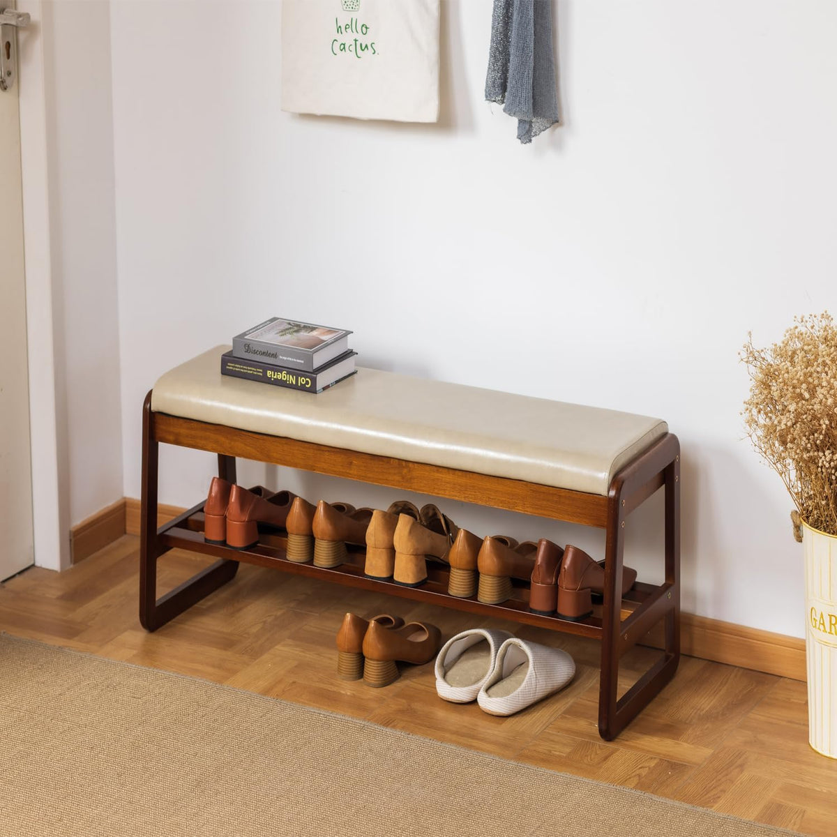 latifolia Solid Wood Bench, Entryway Shoe Bench with Cushion, Flip-Open Storage Compartment, 2-Tier Shoe Organizer(Grey,39.70''L)