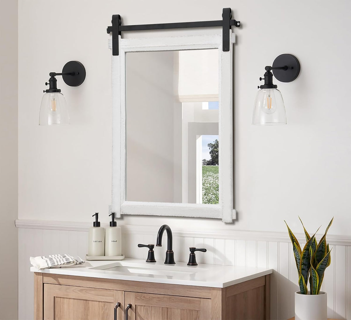 Rustic Barn Door Mirror: 24"x36" White Farmhouse Wood Frame - Wall Mirror for Entryway/Bathroom/Living Room Wall Decor