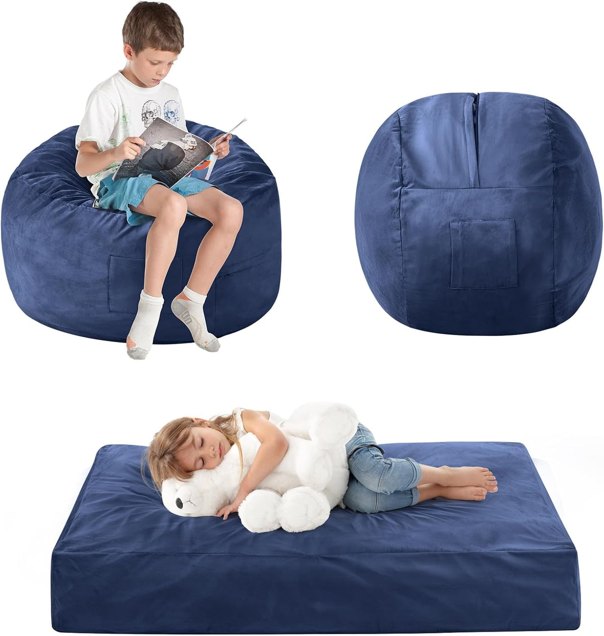 Kids Bean Bag Chair Bed - Convertible Lazy Chair to Floor Mattress with Filler - Small Beanbag Chair for Boys and Girls - Floor Couch Sofa in Bedroom, Classroom, Reading Nook - Navy Blue