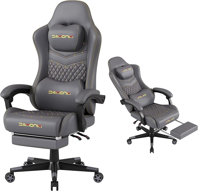 Gaming Chair,Ergonomic Computer Gaming Chair,400lb Load-Bearing,Retractable Footrest/Waist Support/Ergonomic Backrest[Spring + 4D Sponge] (Grey)