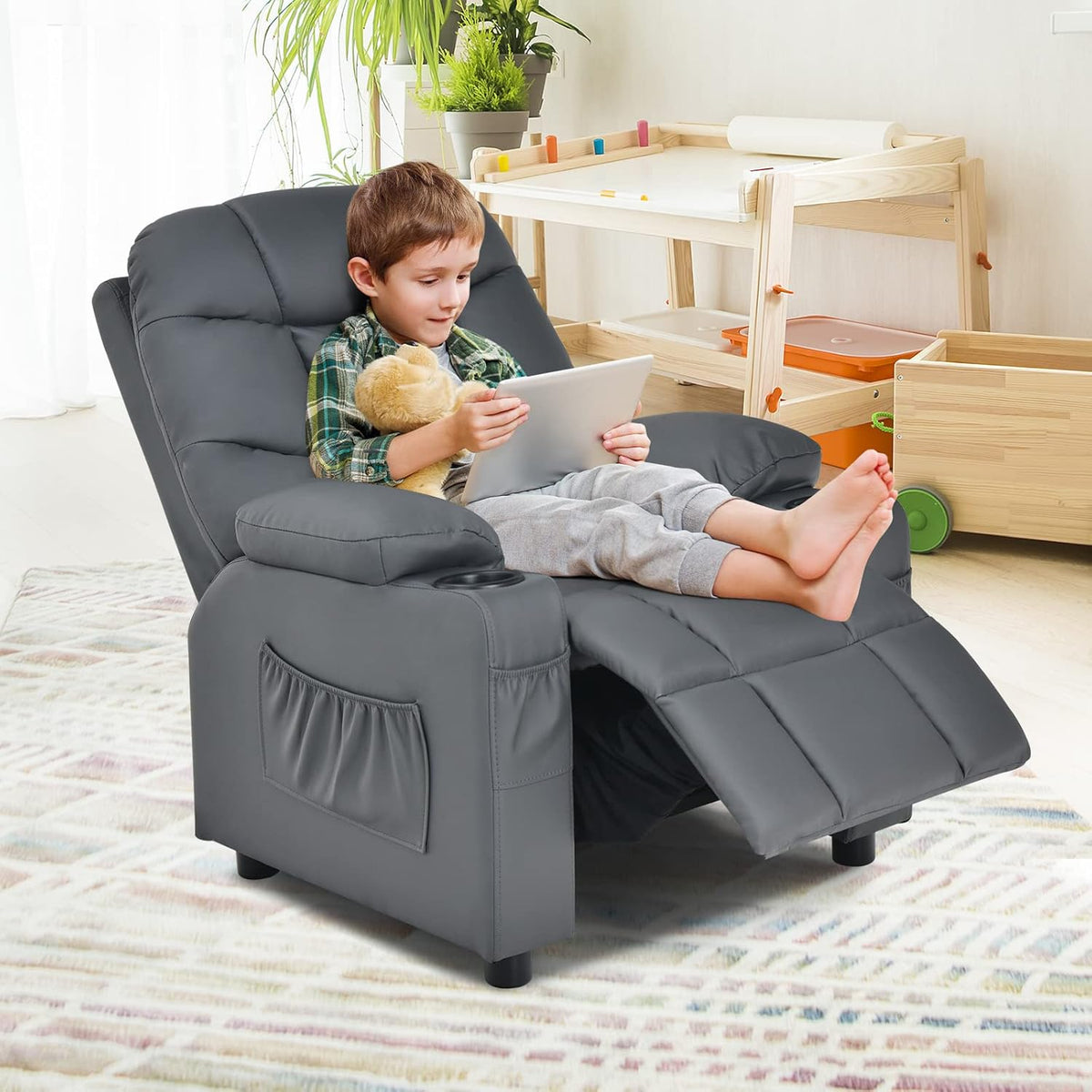 Costzon Kids Recliner Chair with Cup Holder, Adjustable Lounge Chair w/Footrest & Side Pockets for Children Boys Girls Room, Ergonomic Toddler Furniture Sofa, Kids Recliner (Grey)