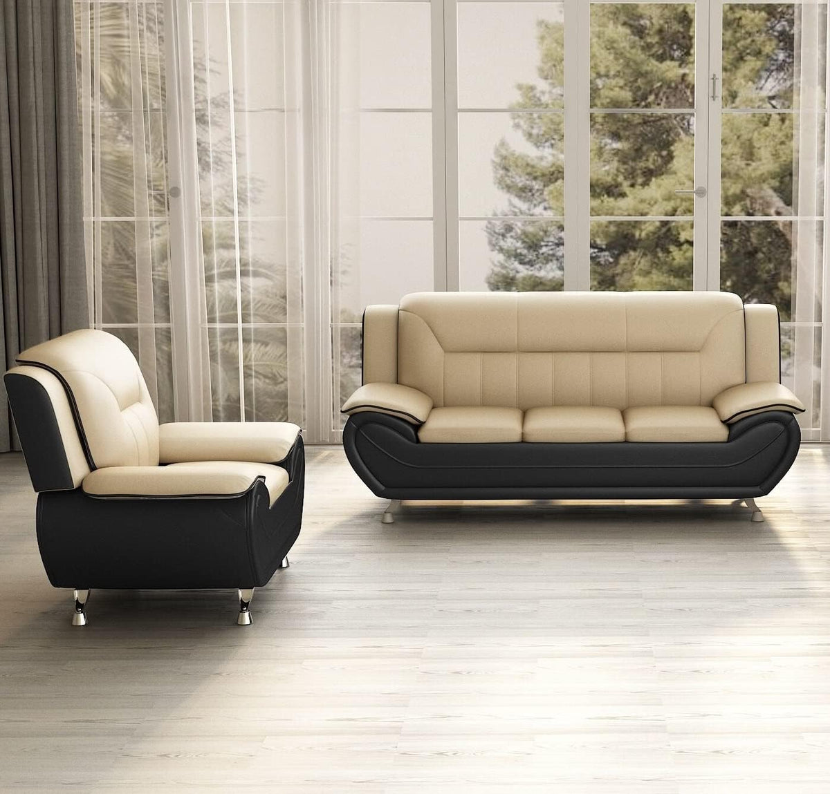 Container Furniture Direct Michael Modern Faux Leather Upholstered Stainless Steel Legs Living Room Sofa, Chair, Camel/Black