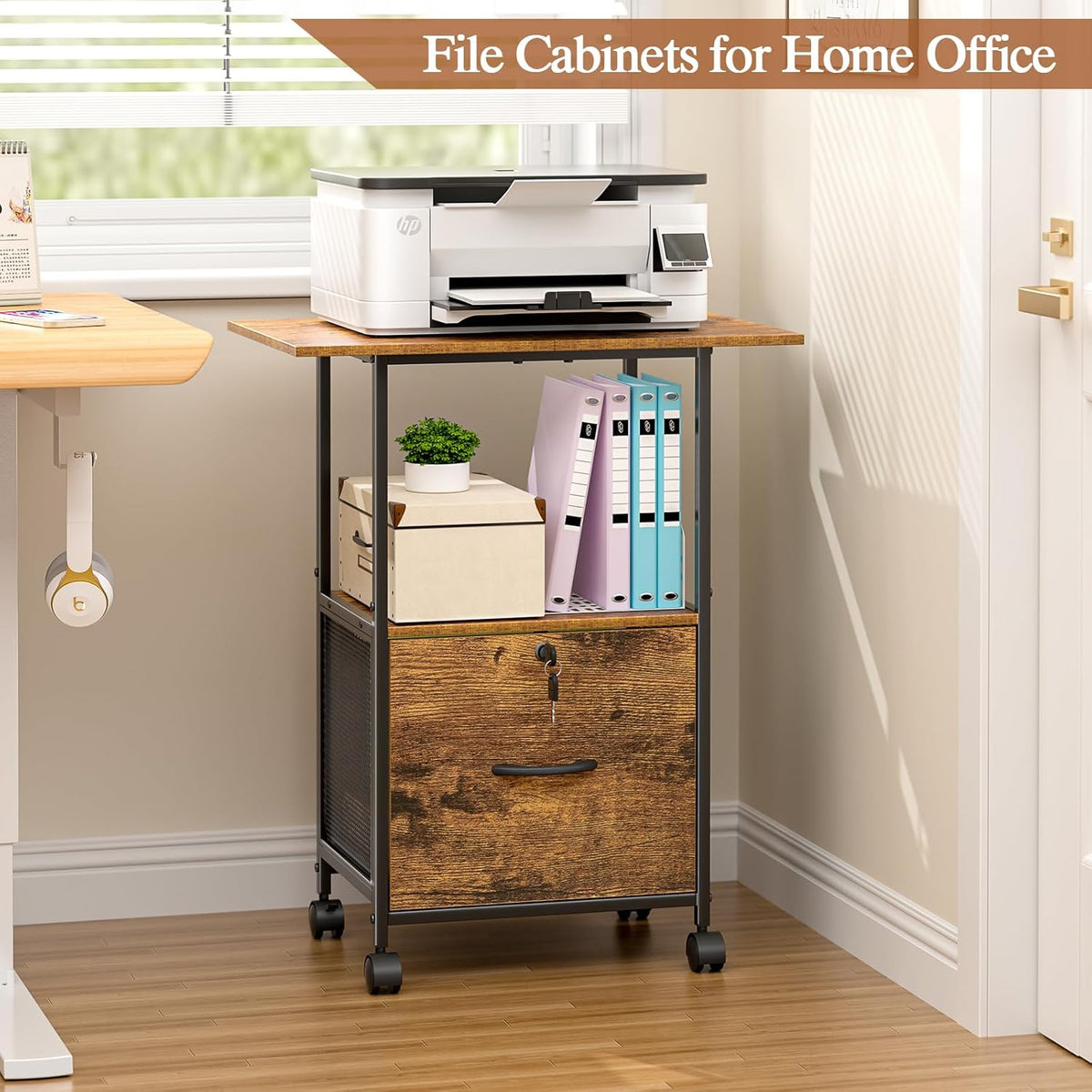 Small Filing Cabinet with Lock, Printer Stand with File Storage, Rolling Locking File Cabinet with Drawer Vertical File Cart with Wheels, Lockable Filing Cabinet for Home Office