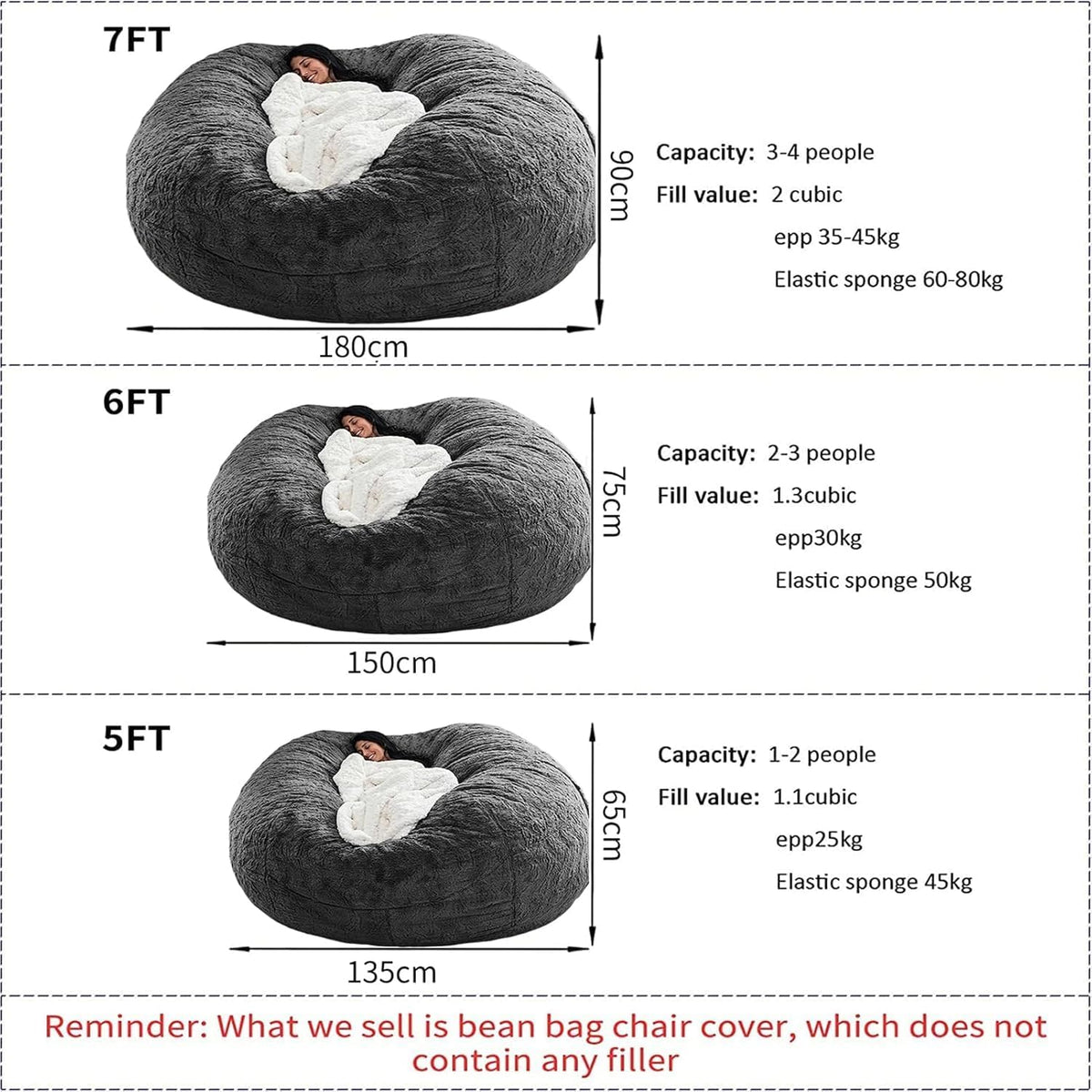 Bean Bag Chair for Kids Adults Without Filler Oversized Round Plush Beanbag Chair Lazy Sofa Cover for Stuffed Animal Storage Floor Chair, 5FT, Light Grey