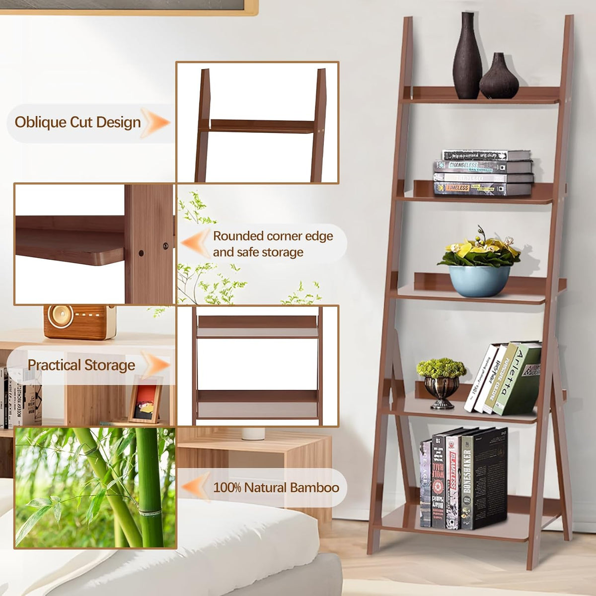 DOUSY-5-Tier Ladder Shelf Bookcase, Bamboo Ladder Bookshelf Leaning Book Shelf, Freestanding Storage Shelf Boho for Living Room, Home Office, Bedroom, Balcony, Walnut