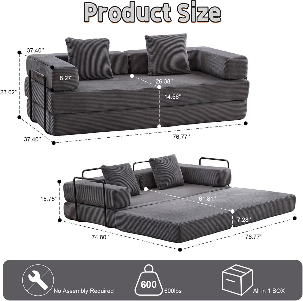 Convertible Sofa Bed, Compression Futon Sofa with Pillows & Armrest, Foldable Mattress Couch with Fixed-Shape Frame, Comfy Couch Lounge Sleeper Bed for Living Room Bedroom, Dark Gray