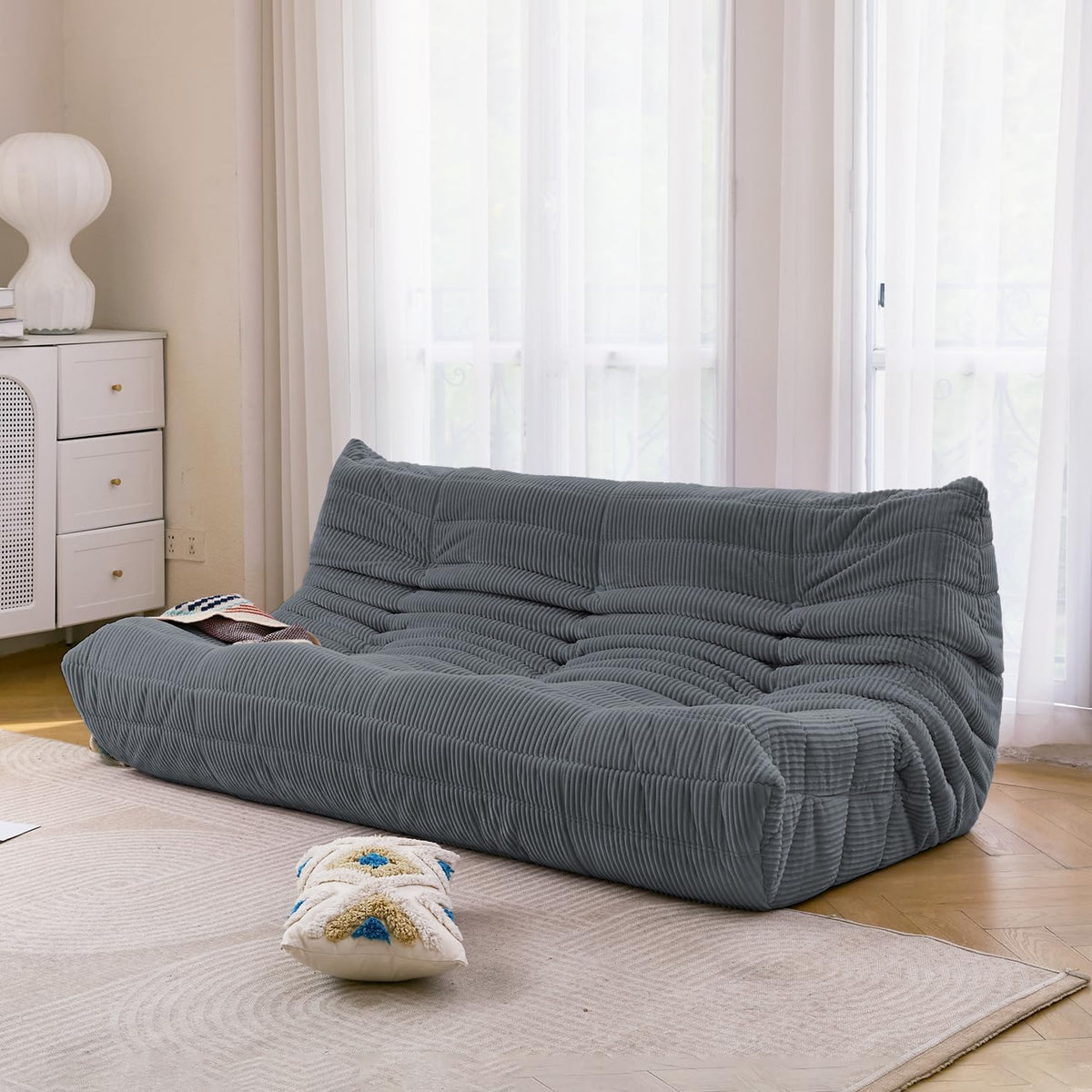 N&V Fireside Three Seater Sofa, Mid Century Armless Twin Size Floor Sofa, Soft Premium Corduroy Floor Lounge Chair, Foam Sofa Accent Chair for Living Room, Bedroom (Frost Grey)