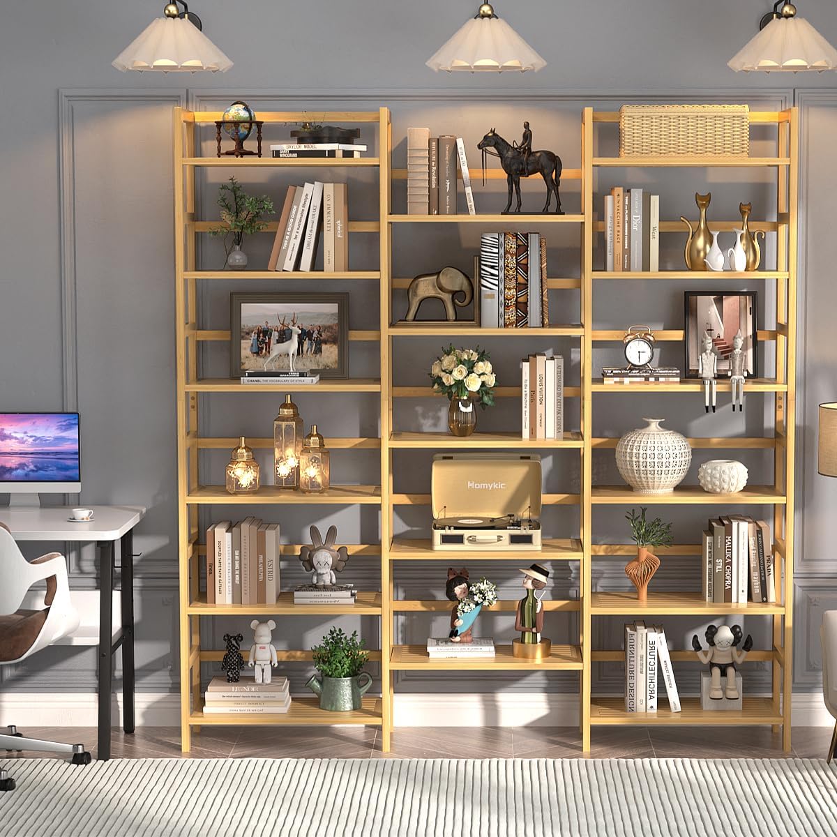 Homykic Bamboo Triple Wide Shallow Bookshelves and Bookcases, 6-Tier 6ft Tall Bookshelf with 17 Open Display Shelves, Large Freestanding Book Shelf for Home Office, Bedroom, Living Room, Natural