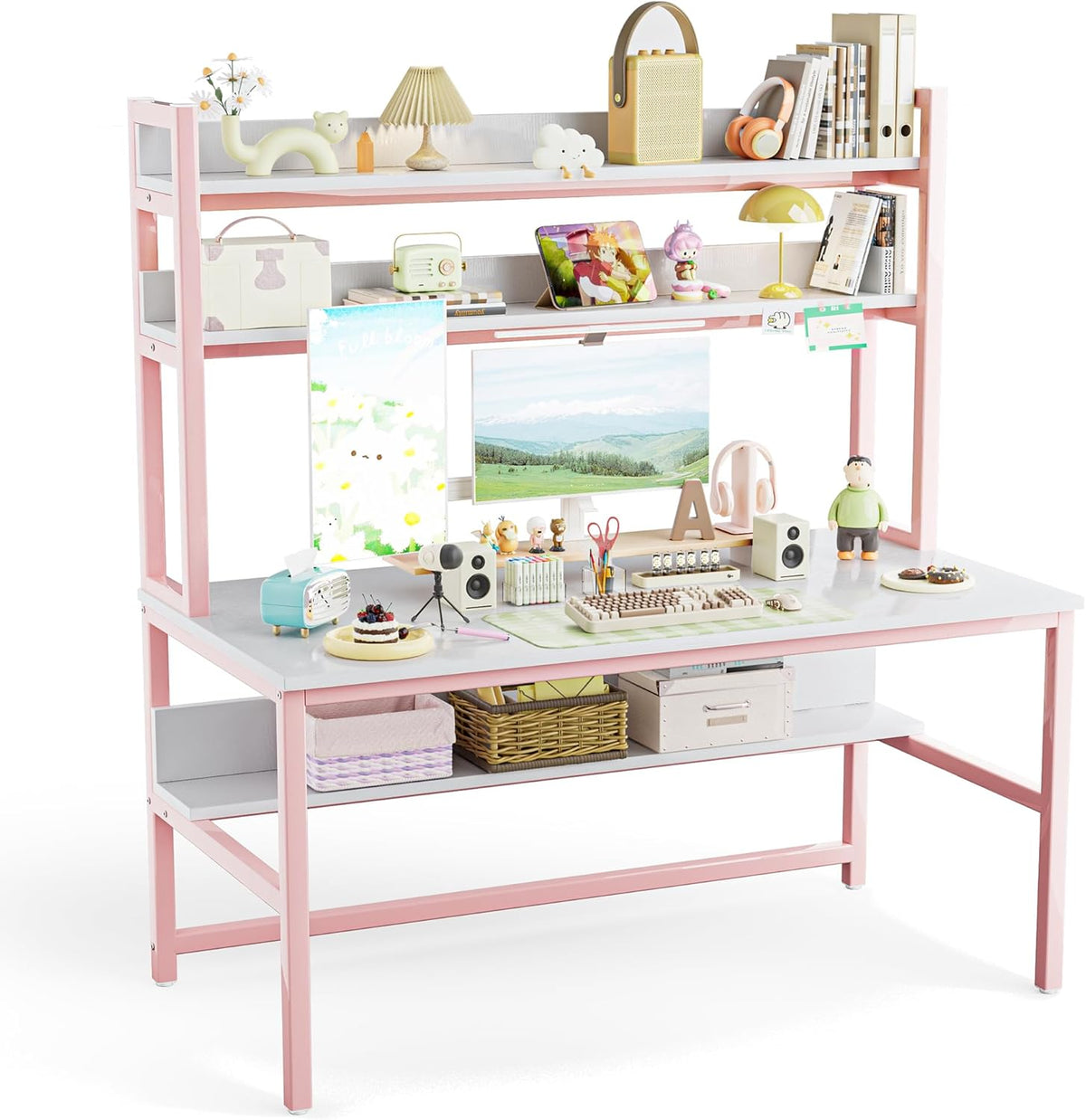 Aquzee Pink Desk with Hutch for Girls, 55in Computer Desk with Bookshelf for Teens Adults, Craft Table for Bedroom Kids Room, White Pink Study Table with Shelves for Storage