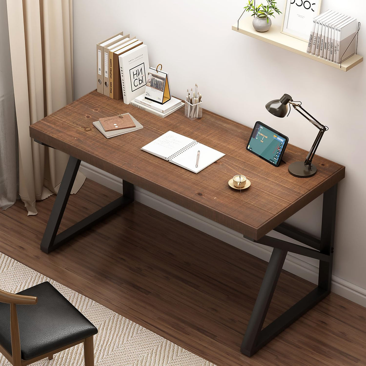 IBF Natural Real Wood Desk, Minimalist 47” Solid Wood Computer Desk, Rustic Desk for Home Office Writing Study, Vintage Industrial Wooden PC Gaming Workstation Computer Table, Brown, 47 Inch