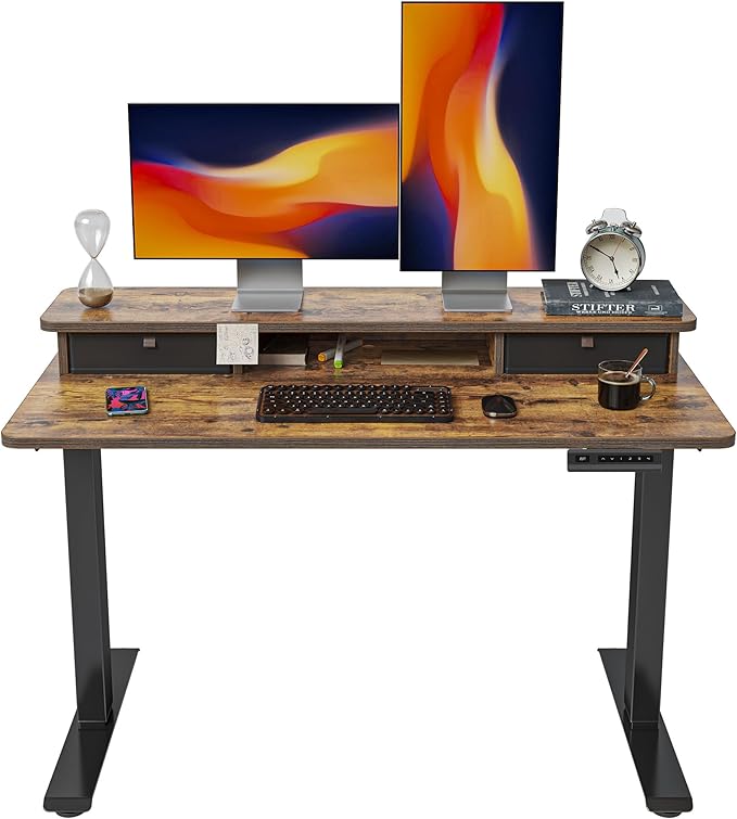 FEZIBO 48 x 24 Inch Height Adjustable Electric Standing Desk with Double Drawer, Stand Up Table with Storage Shelf, Sit Stand Desk, Rustic Brown