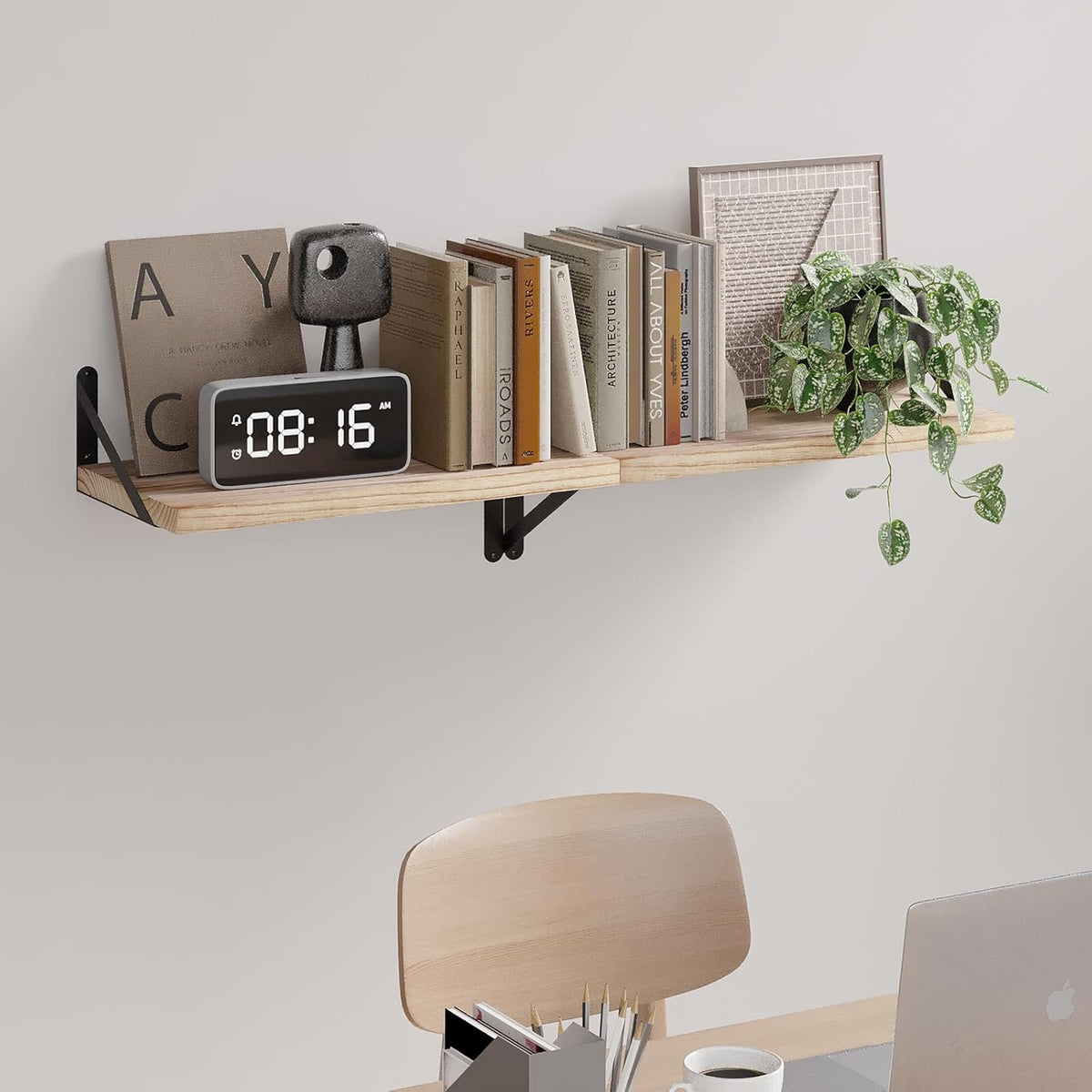 SAUMONIER Floating Shelves Bookshelf for Bedroom Bathroom Living Room Wood Wall Mounted Wide Deep Storage, Rustic Torched 24 Inch Shelves Set of 2