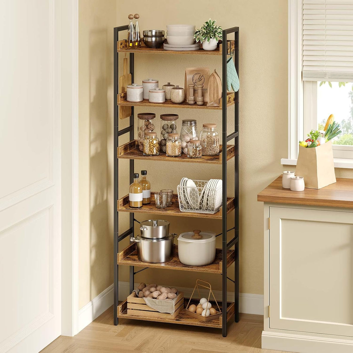 Rolanstar Bookshelf 6 Tier with 4 Hooks, Industrial Bookcase, Vintage Storage Rack with Open Shelves, Rustic Standing Bookshelves Metal Frame Display Rack for Living Room, Bedroom, Rustic Brown