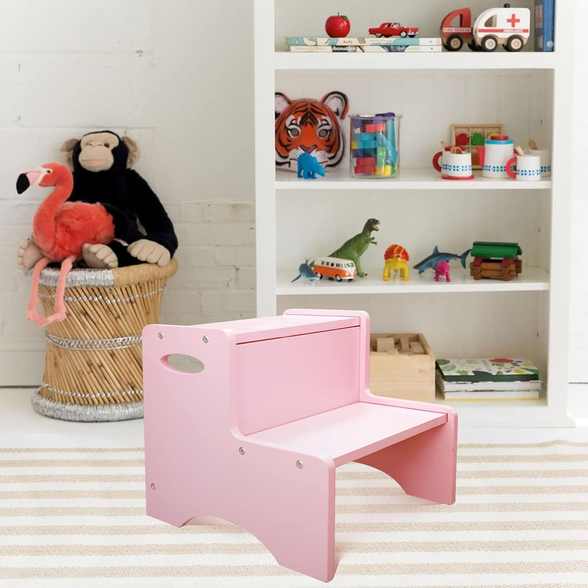 WOOD CITY Wooden Toddler Step Stool for Kids, Pink Two Step Children's Stool with Handles, Bonus Non-Slip Pads for Safety, Bathroom Potty Stool & Kitchen Step Stools Dual Height